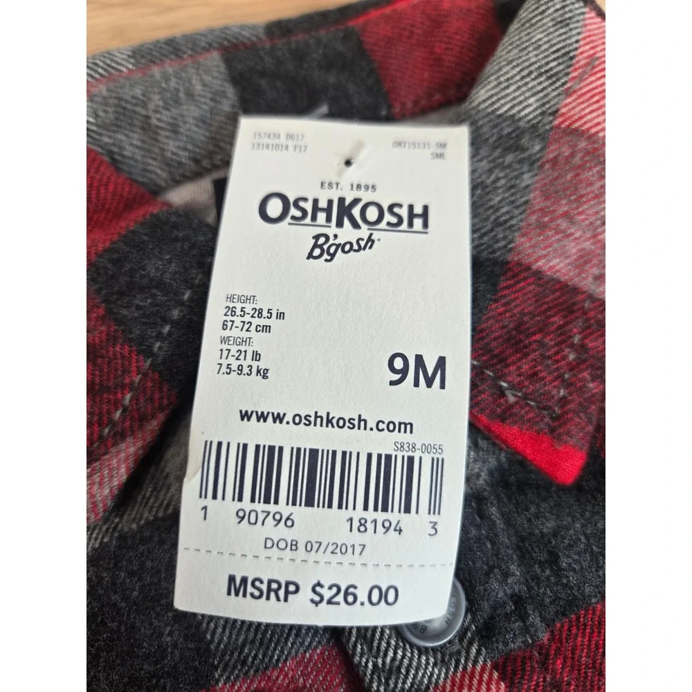 OshKosh B'gosh Baby Boy Red Black Plaid Flannel Bodysuit 9M 157434 D617